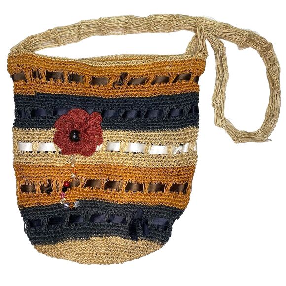 Straw Crossbody Bucket Purse Striped 3D Flower Bag Boho Cottagecore Black Brown - Picture 1 of 4